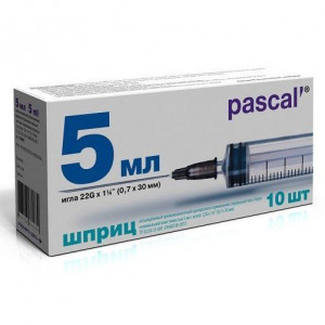 ПАСКАЛЬ ШПРИЦ 3-Х КОМП. 5МЛ. С ИГЛОЙ 22G 0,7Х30ММ. №10 [PASCAL]